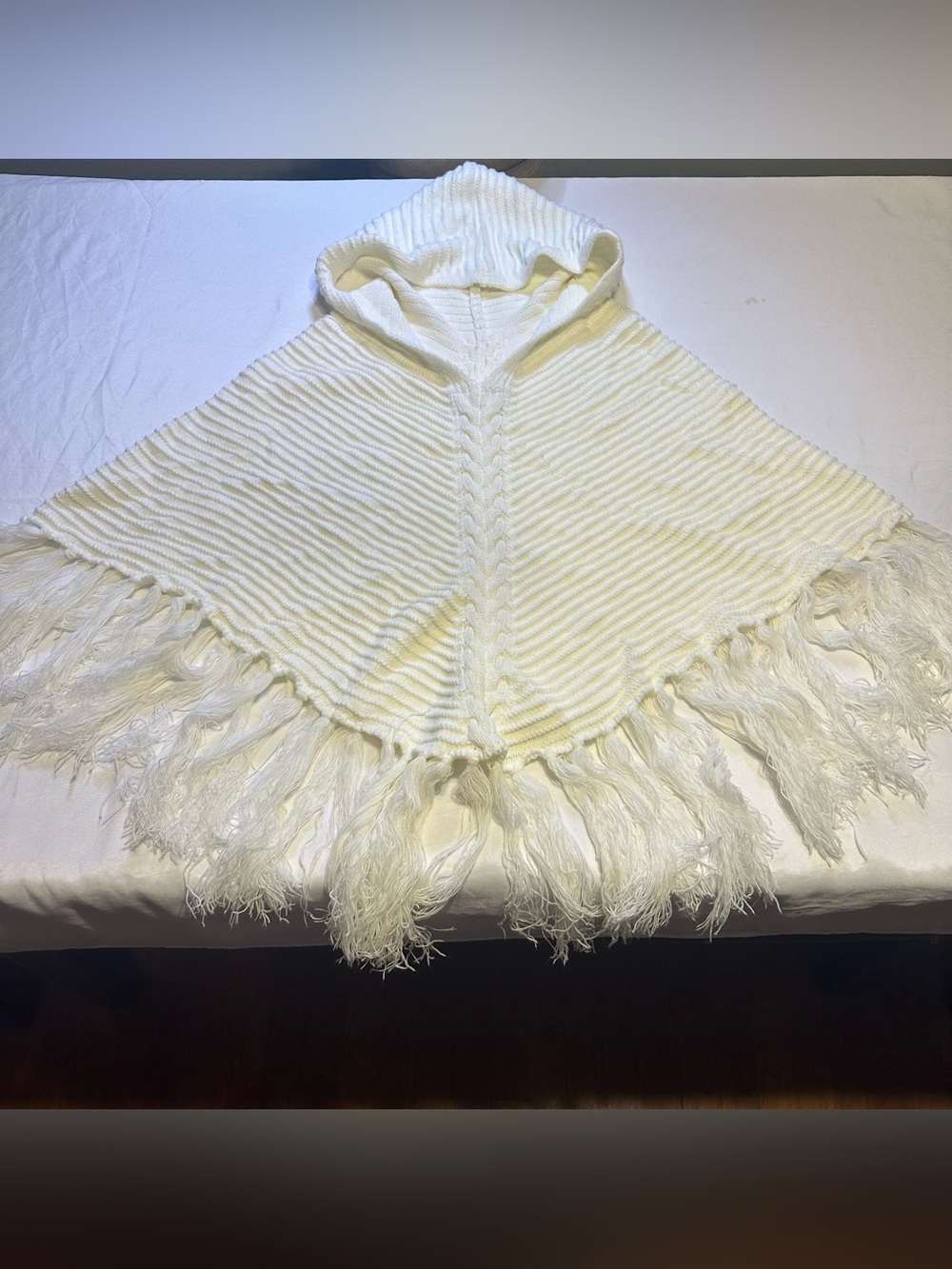 14th & Union Cream Knit Hooded Poncho with Fringe